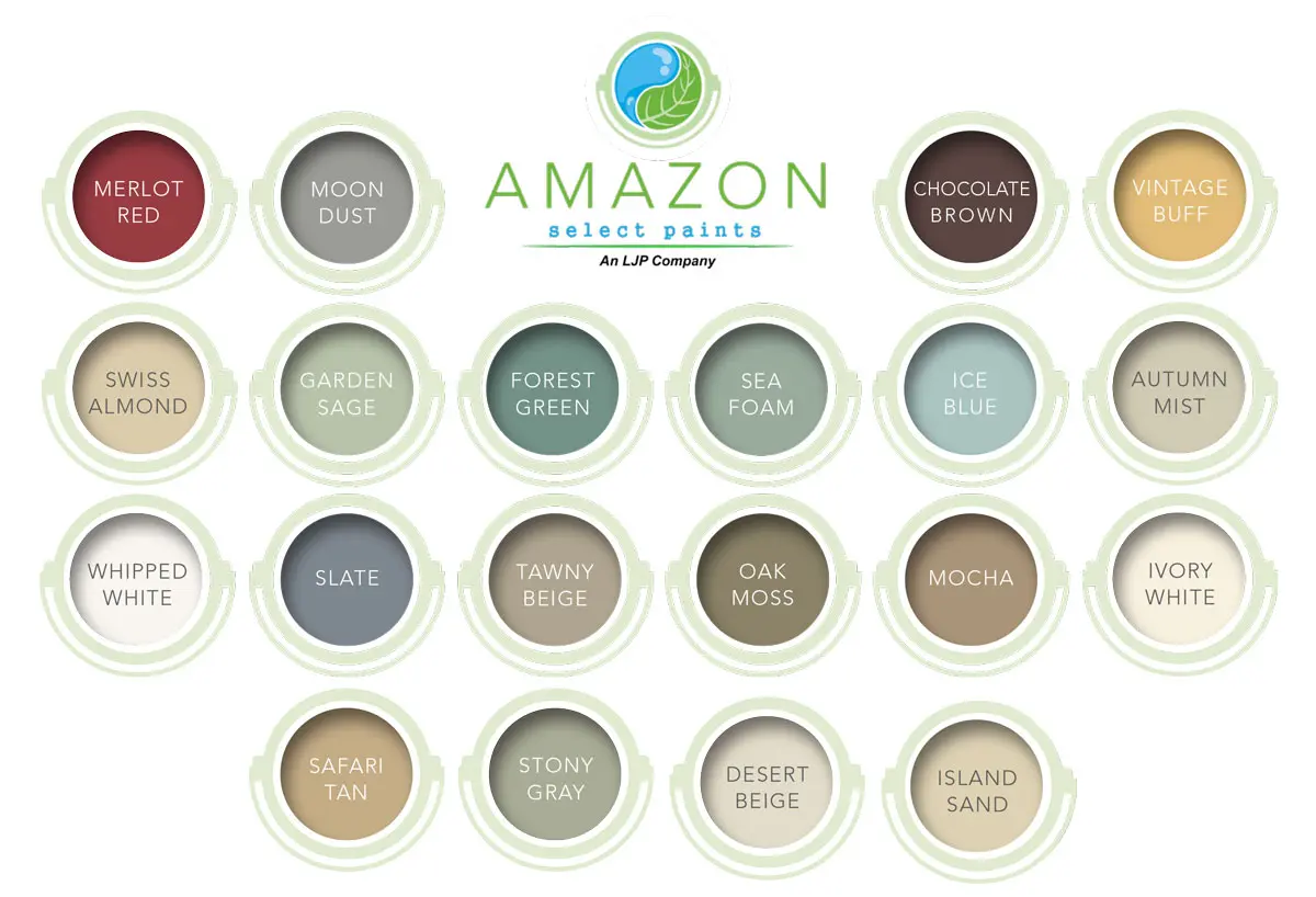 The Amazon Select Paints color chart, twenty recycled latex shades: Merlot Red, Moon Dust, Chocolate Brown, Vintage Buff, Swiss Almond, Garden Sage, Forest Green, Sea Foam, Ice Blue, Autumn Mist, Whipped White, Slate, Tawny Beige, Oak Moss, Mocha, Ivory White, Safari Tan, Stony Gray, Desert Beige and Island Sand.