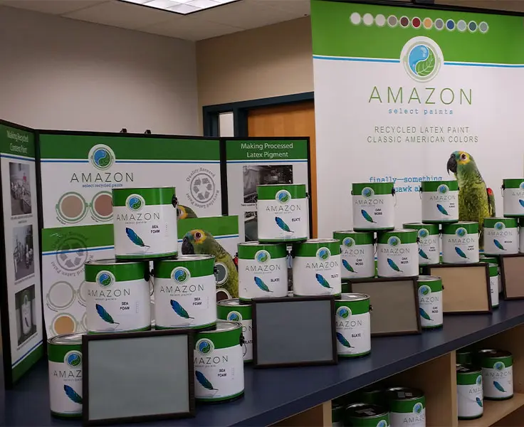 Amazon Paint recycled latex paint on display at the Fridley store