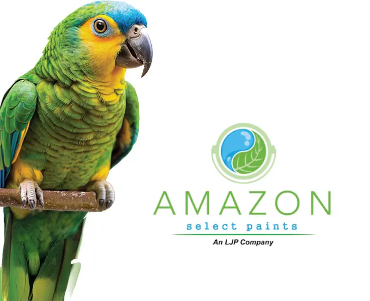 Amazon the Parrot beside the Amazon Select Paints logo