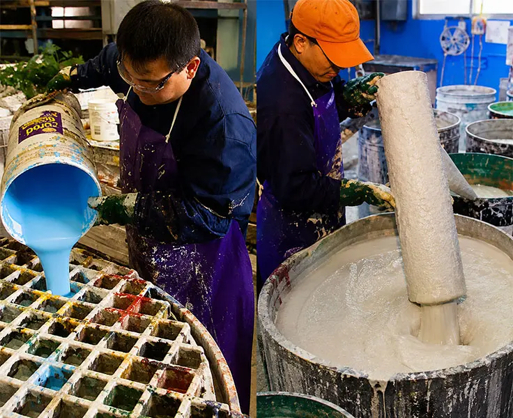 Amazon Paint operators pouring reclaimed latex paint into a mixing vat on the Fridley processing line